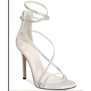 AJ By Aminah White Satin Rhinestone Stiletto Heels Ankle Strap Sandals 10M NEW‎